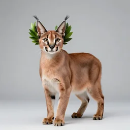 full body photo of cute caracal. he is wearing laurel wreath on his ears, studio light