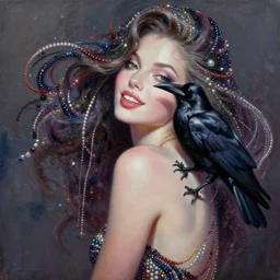 expressive oil painting - beautiful woman with a raven on her shoulder, seductive look, grinning, smooth, dreamy, fantasy, made of beads, glamorous shot, yoshitaka amano, greg rutkowski, digital art, octane render, artstation, grunge aesthetics