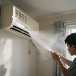 water sprays from an air conditioner in a teenager's room flooding dirty water, blurred, faded, depth of field, sunny, ultra realistic, very detailed, by gerhard richter, neo rauch and nadav kander, 8 k hyper realistic detailed cinematic still