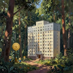 beautiful matte painting of cute soviet block of flatshrushevka in end of forest by ivan shishkin