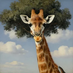 portrait of a giraffe half tree with clouds, surreal painting by rene magritte