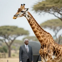 giraffe in a suit, realistic, photograph,