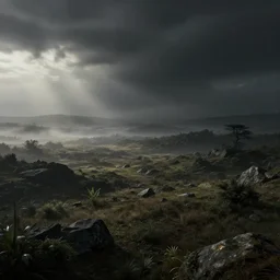 detailed hyper realistic render misty atmosphere ominous dark area land vista