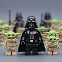An army of Darth Vader miniatures is guarded by an army of Master Yoda miniatures on a table with a bright lamp, realism, depth of field, focus on Darth Vader,