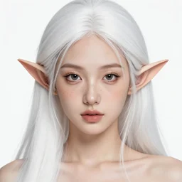 a beautiful portrait, white background, gorgeous fantasy elf. professionally retouched, soft lighting, freckles, realistic, smooth face, detailed, long white hair, cute ears, wide angle, sharp focus on the eyes, 8 k high definition, insanely detailed, intricate, elegant, sexy, beautiful, art by artgerm and wlop