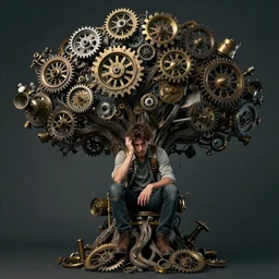a confused young man sitting in a steampunk-like tree, but the tree is not natural, the tree is artifical yet still complex
