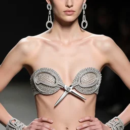 fashion photo, haute couture female model wearing bejeweled scissor earrings:5, bejeweled scissor chest plate:5, bejeweled scissor bracelets:5, hyper realistic, detailed, dramaticly beautiful, 8k, Octane
