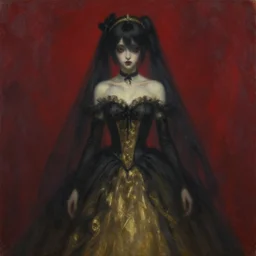 A very soft and dark haunting oil painting portait of Hatsune Miku in a black golden wedding dress, scarlet background, by Antonio Saura and Fernando Zóbel, ethereal, evil presence, haunted painting, Tachisme, low lighting