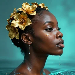 hyperrealistic precisionist cinematic profile very expressive! black oshun goddess, in water! up to shoulders, mirror dripping droplet!, gold flowers, highly detailed face, digital art masterpiece, smooth eric zener cam de leon, dramatic pearlescent turquoise light on one side, ground angle uhd 8 k, tilt shift
