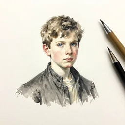 watercolor, pencil, pen and ink on paper sketch of a boy in the style of the brandywine school of illustration