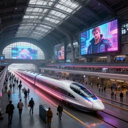 ultradetailed render of a grand cyberpunk train station by artyon vlaskin and atkinson grimshaw, trending on artstation. Supersonic trains and passengers. Large LED screens. Octane Render, 4k hd wallpaper