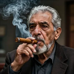 a detailed portrait of an old man, smoking a lit perfectly symmetrical cuban cigar, cinematic photography, smoke rising like clouds, beautifully symmetrical, super resolution, cgi, trending on art station, volumetric lighting & shadows, hyper detailed, 8 k, unreal engine, canon 2 0 0 mm,
