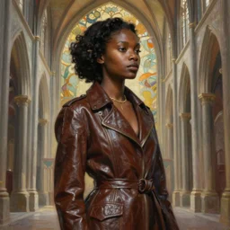 breathtaking detailed soft painting of a black girl in leather clothes, in an art nouveau medieval cathedral, rembrandt style, elegant, highly detailed, artstation, concept art, matte, sharp focus, art by tom bagshaw, kelogsloops and greg rutkowski