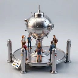 a metallic teleportation machine is a large, metal machine that is used to teleport people or objects from one location to another. the machine has a large metal platform in the center of it that people or objects can stand on. there are also four metal posts around the platform that people or objects can hold onto. the machine also has a control panel with buttons and levers that are used to operate it