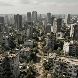 a deserted city, empty buildings with vegetation, post apocalyptic, deserted, camera view, trending on artstation, deviantart, high detail, high definiton, high quality, ultra realistic, hyper realistic, 4 k uhd,