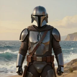 the mandalorian, portrait, concept art by doug chiang cinematic, realistic painting, high definition, concept art, portait image, path tracing, serene landscape, high quality, highly detailed, 8 k, soft colors, warm colors, turbulent sea, high coherence, anatomically correct, hyperrealistic, concept art, defined face, symmetrical 5