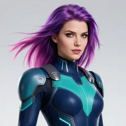 a stunning upper body portrait of a beautiful young woman wearing futuristic navy blue and teal battle bodyarmor with pauldrons and inset glowing fine neon lines and ombre purple and pink hairstyle with hair blowing in the wind, by marvel comics, highly detailed, fine detail, intricate, digital art, trending on artstation