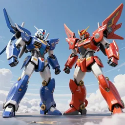 A one on one fight in the sky between Starscream and Jetfire, Robots, Robot, Robot Mode, Mecha, 8k, ultra realistic, illustration, splash art, Guilty Gear Strive Splash Art, Sunny day with clear sky, action scene, action lines, fight scene, robot mode, hand to hand combat, rule of thirds, golden ratio, good value control, john singer sargent, William-Adolphe Bouguereau,