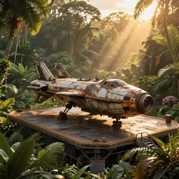 a futuristic rusty old spaceship, on a landing pad, surrounded by a lush jungle, , golden hour, sun beams, volumetric light, hyperdetailed, artstation, cgsociety, 8k