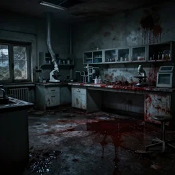 dark, abandoned laboratory, puddles of blood on the floor, blood stains on the walls, gruesome, low brightness, cinematic lighting