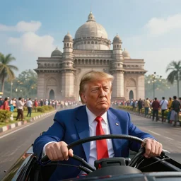 donald trump is driving through bombay, an epic fantasy, wide shot, ultrarealistic, detailed, ( ( ( depth of field ) ) ), crisp details, sharp details, photorealism, colorful, cinematic, horizon forbidden west trending on artstation, masterpiece, by greg rutkowski, by ross tran, by fenghua zhong, octane, soft render