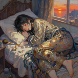 beautiful young girl in intricate clothing by ross tran, sleeping in a messy bedroom at sunset, painted by sana takeda, reflections, very high intricate details, painting by liu xiaodong, digital anime art, medium shot, mid - shot, composition by ilya kuvshinov, lighting by greg rutkowski