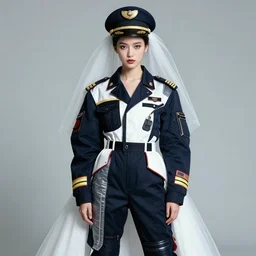 a portrait by nick knight and gege akutami of a beautiful girl detailed features wearing a pilot suit wedding dress synthetic materials, jumpsuits chic'techno fashion trend by balenciaga