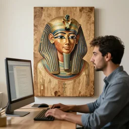 a man using a computer, artwork fayum portrait, mummy portrait, from egypt, from luxor, on wood