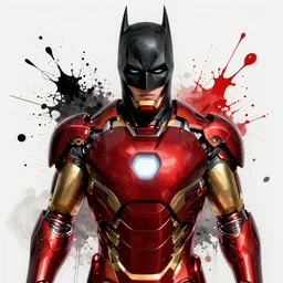 maximalist splatter paint of batman cosplaying as the ironman portrait, gapmoe yandere, grimdark, trending on pixiv, fanbox, painted by makoto shinkai