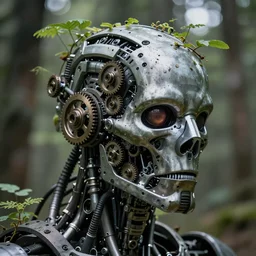 super detailed portrait of a terminator's head, packed with cybernetics and and borg enhancements. In a forest with bokeh. Lots of round Gears visible. Vegetation is growing out of the head