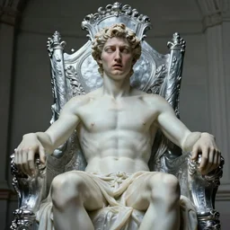 beautiful closeup portrait of a ethereal male with a silver throne, marble sculpture by greg rutkowski, josan gonzalez, rodin, michelangelo, cinematography by christopher nolan, imaginative, creative, emotion : madness