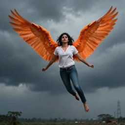 angel avan jogia with orange-feather wings. Shirt, barefoot and jeans. Flying in a stormy sky. Distant full body shot. Award winning photography