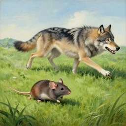 mouse in a field. running from a wolf. beautiful surrealistic painting by bosch. artgem, 8 k, detailed, happy