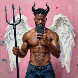 A mirror selfie of a black handsome muscular man with white angel wings and black devil horns holding an iPhone, pitchfork, pink background, abstract jean-Michel Basquiat oil painting with thick paint strokes, oil on canvas, detailed