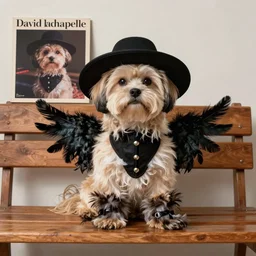 a cream - colored havanese dog sitting on top of a wooden bench, wearing a large black sunhat, corset, and furry boots, legs spread, an album cover by david lachapelle, behance, transgressive art, 1 9 9 0 s, made of feathers, full body