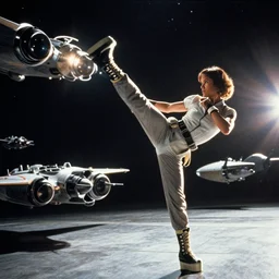 iconic cinematic screen shot of scene starship space battle against cylon fighters, from the action packed girl kung fu fighter spinning high kick, platform boots, kodak film stock, anamorphic lenses 2 4 mm, lens flare, iconic cinematography, award winning