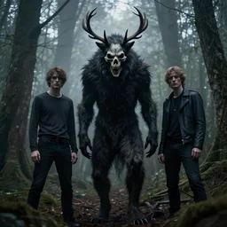 style artgerm, joshua middleton, tim jacobus, scary wendigo with antlers and skull face mixed with werewolf, in the forest, detailed, dark and foggy, cinematic lighting