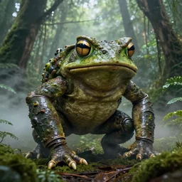 photograph by discovery channel!!!! full shot!!! toad animal!!! cyborg! rugged knight hulk toad animal superhero, fog, in deep forest jungle