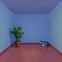 a digital painting of a floor, walls and ceiling containing a potted plant and a radio, a low poly render by edward okun, symmetry, polycount, computer art, vaporwave, # screenshotsaturday, voxel art