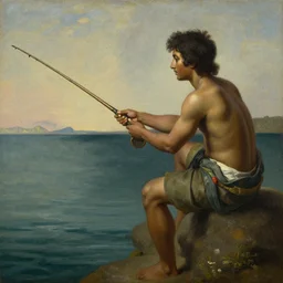 detailed, sharp, Siddhartha fishing. Renaissance painting. Oil on canvas. featured on artstation, good lighting. masterpiece.