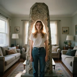 backlit photograph of young woman standing in front of monolith radiating neutrinos in suburban living room, crisp focus, highly detailed, in roger deakins style, 3 5 mm ektachrome