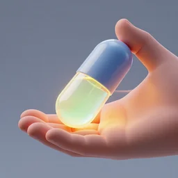 hand holding medical capsule filled with glowing liquid, 3 d octane render, v ray collection, nvidia, artstation, realistic, detailed digital art.