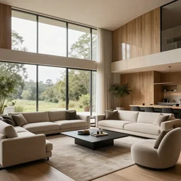 innovative interior design of a modern livining room, neutral wooden materials, floor to ceiling windows with views of nature, award winning photography, artstation
