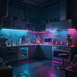 photo environement cyberpunk kitchen : 4, 4 k rtx hdr volume light concept studio matte painting environement digital illustration style cyberpunk 2 0 7 7 artstation artur tarnowski, mihai muscan, marcin tomalak, marta leydy, marcin stepien, charlotte hughes, zuzanna dabrowa neon bioluminiscence