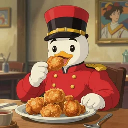 cute colonel sanders eating fried chicken, natural lighting, path traced, highly detailed, high quality, digital painting, by don bluth and ross tran and studio ghibli and alphonse mucha, artgerm