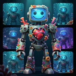 official character sheets for an underwater old squid biomech robot, digital 2 d screen smiley robot face, mechanical heart in center, covered in coral and barnacles, art by tim schafer black velvetopia art for psychonauts from double fine studios, art by splatoon from nintendo, black light rave, adult character, apocalypse