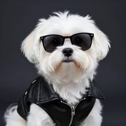 a maltese dog with cool sunglasses and a leather jacket