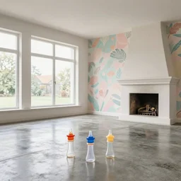 colour 3 5 mm, empty enteral, big open shiny concrete floor, big windows, beautiful pastel wallpapers, stucco, fire place