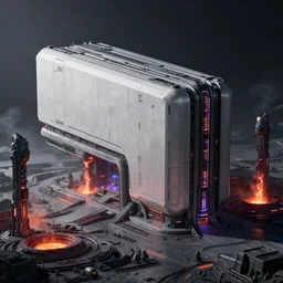 a minimalist scifi exterior rectilinear brutalist futuristic alien spaceship factory exterior planet iron forge smelting pits with neon lights, biomechanical columns of glowing plasma smoke, high dynamic range, ilm, beeple, star citizen halo, mass effect, bladerunner, elysium