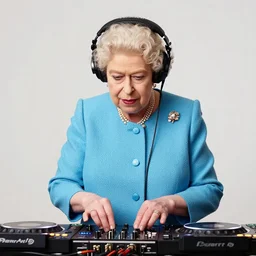 queen Elizabeth at a dance club wearing headphones, DJing with DJ turntables, photoreal
